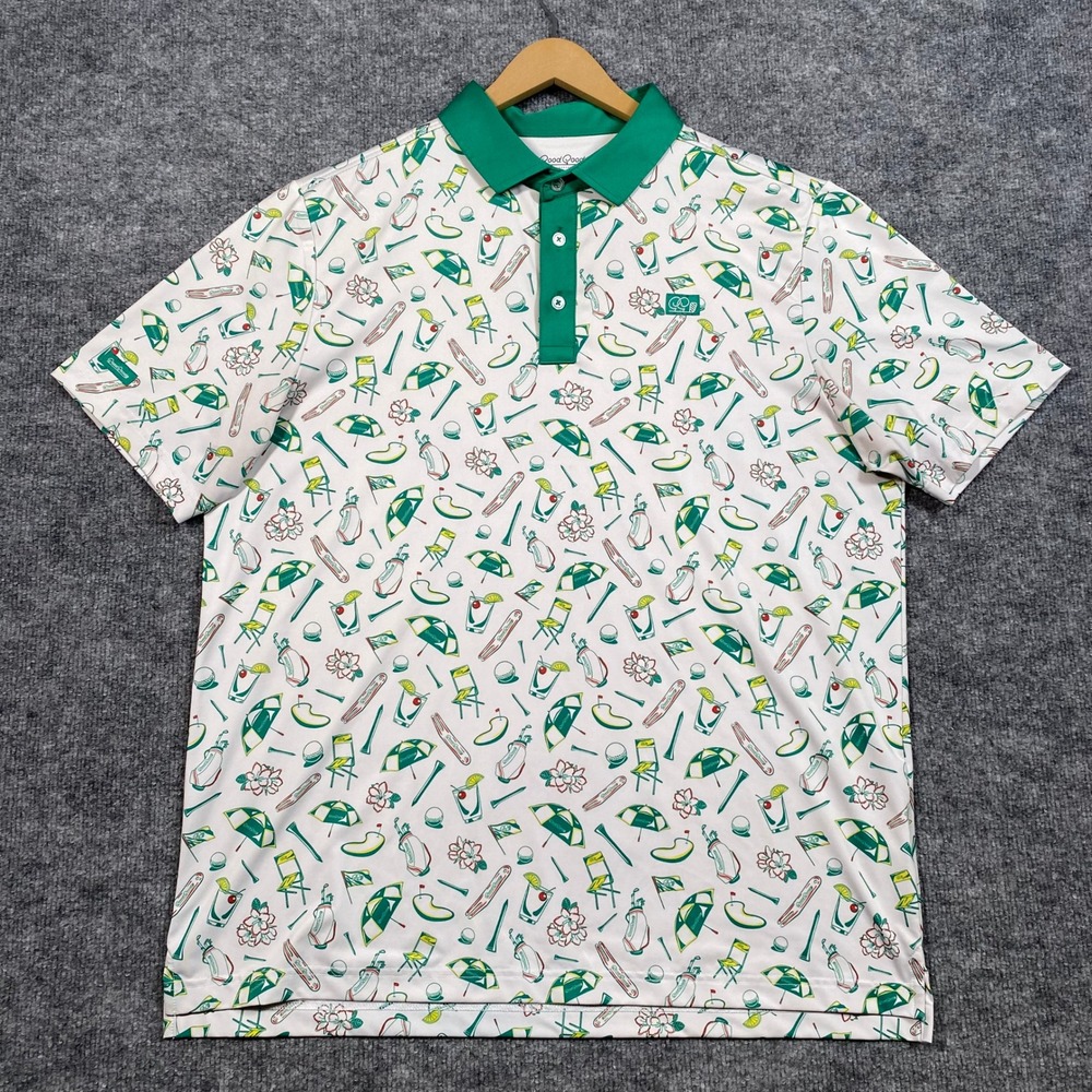 Good Good Golf Mens Large Performance Polo Shirt White Green Novelty Print L